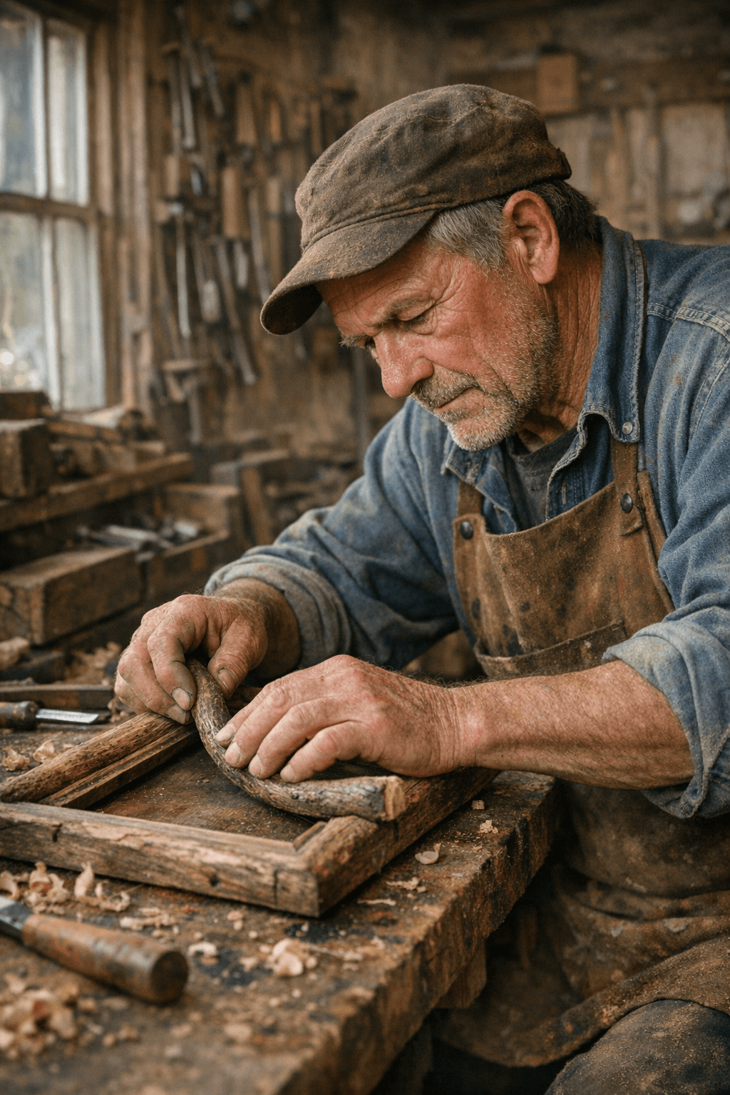 Brad Sharp working on a rustic picture frame in his workshop