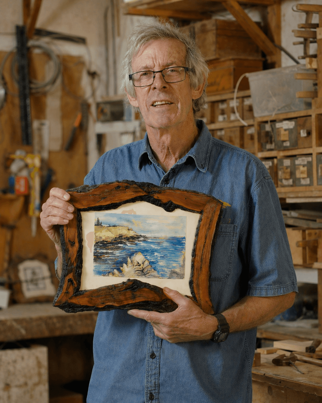 Brad Sharp working on a rustic picture frame in his workshop