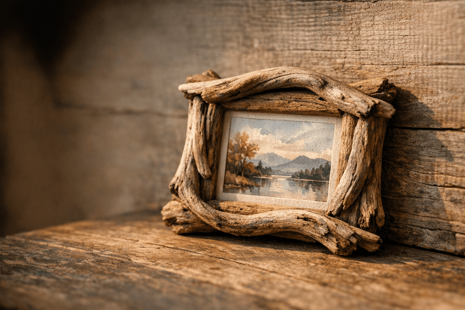 A handcrafted rustic picture frame made from natural driftwood